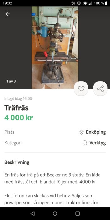 Begagnad träfräs på Becker no 3 stativ i arbetsmiljö med tillbehör och prislapp.