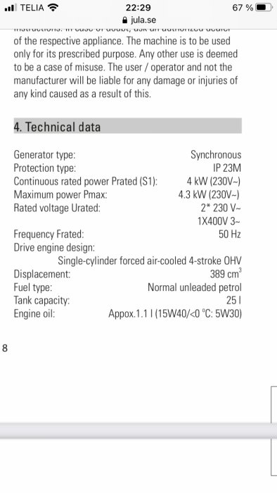 Skärmdump av teknisk data för 3-fas 4300 W bensindrivet elverk från en webbshop.