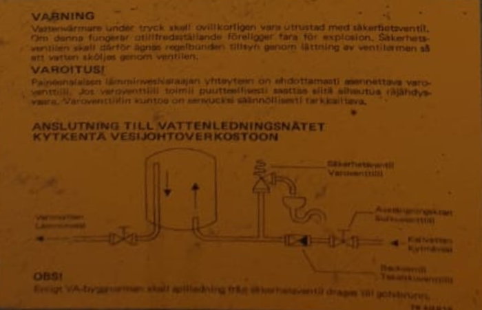 Bild av en manual för inkoppling av elpatron till vattensystem med säkerhetsventil och brytare.