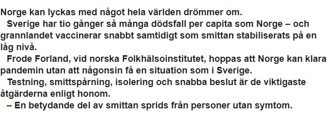 Skärmdump av en artikeltext som diskuterar Norges framgång med att hantera pandemin jämfört med Sverige.