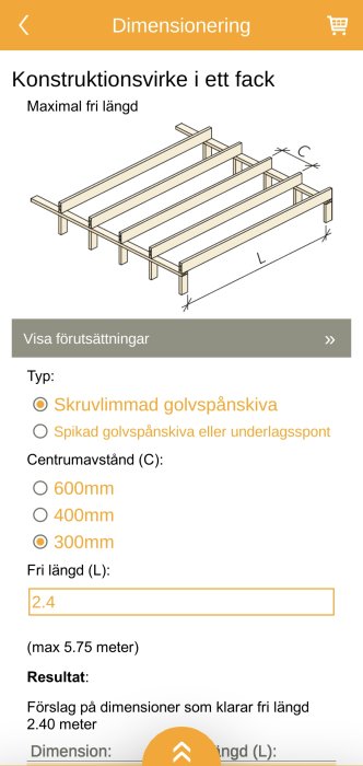 Illustration av konstruktionsvirke i ett fack för dimensionering med olika alternativ för golvbjälkar.