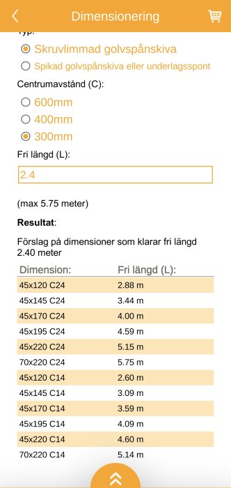 Skärmavbild från mobilprogram för dimensionering av golvbjälkar med val och beräkningsresultat.