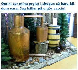 Destillationsapparat i koppar och träfat i en skogmiljö med text om att göra vaccin.