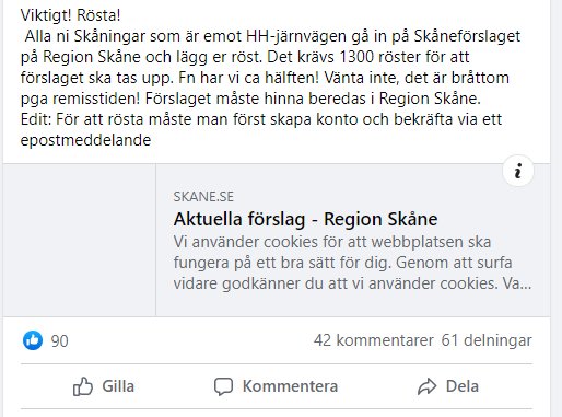 Skärmbild av ett Facebook-inlägg som uppmanar till omröstning mot höghastighetsbanan i Skåne.
