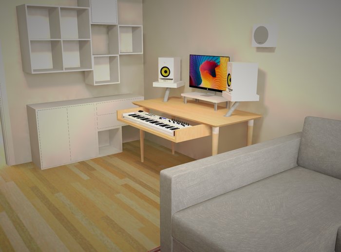 3D-rendering av ett hembudio med bambubord, högtalarstativ, monitor, och en utdragbar keyboardhylla.