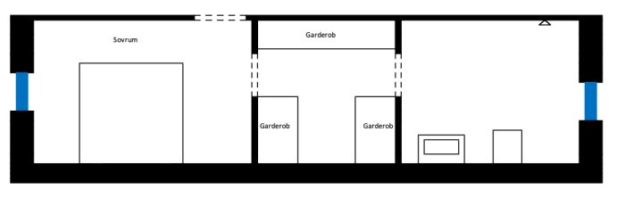 Ritad planlösning med sovrum, walk-in-closet och föreslagen plats för två badrum.