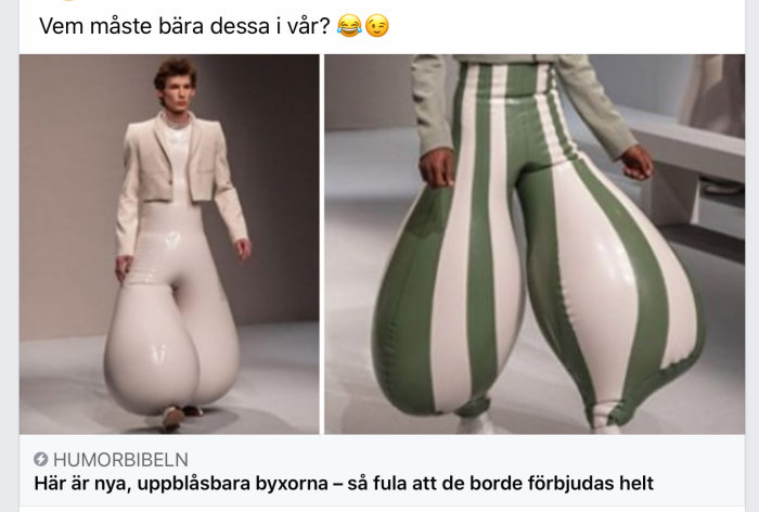 Två modeller i en modevisning, en bär vita uppblåsbara byxor och en gröna med vita ränder.