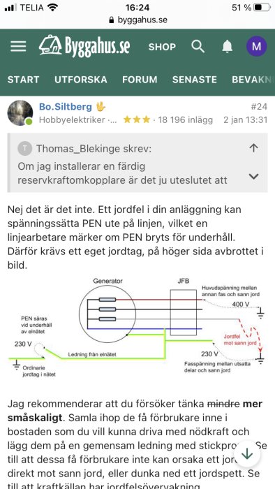 Skärmdump från diskussionsforum visar en elektroteknisk schematisk bild och en text om att bryta PEN vid reservkraft.