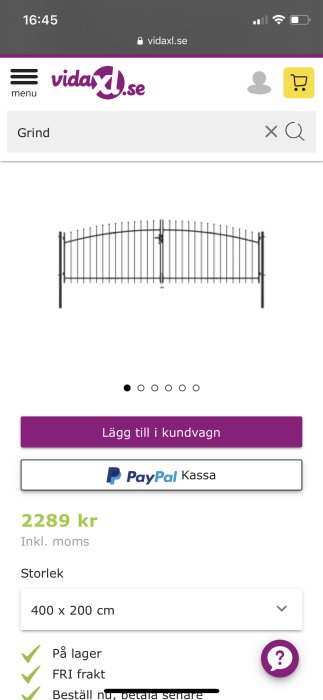 En svart metallgrind som visas på en webbsida med priset och storleksinformation.