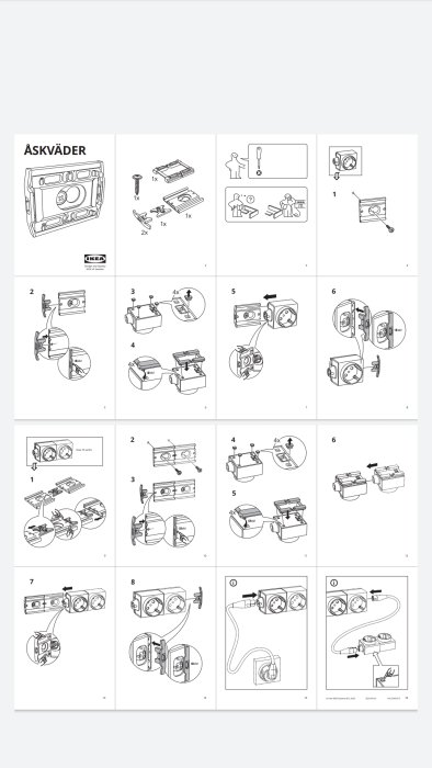 Illustrationer av installationsinstruktioner för IKEA ÄSKVÄDER modulärt eluttagssystem.