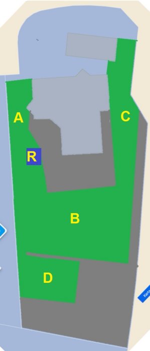 Översiktsbild av en tomt med gräsytor och hinder för planering av robotgräsklippare, markerat med områden A, B, C, D och R.