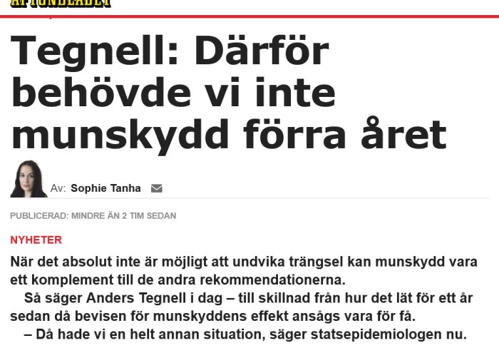 Screen capture av en nyhetsartikel med rubrik om Tegnell och bruket av munskydd förra året.