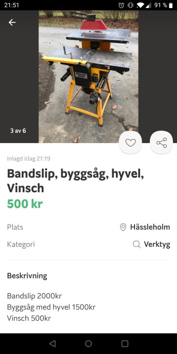 Kombinerad hyvel och byggsåg på gult arbetsstativ utomhus, annonserad för 1500 kr som instegspaket.