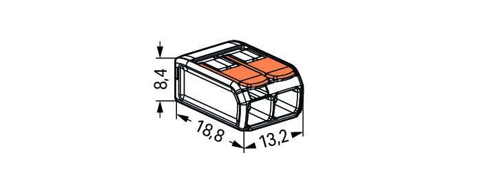 Illustration av Wago 221-412 anslutningsklämma med måttangivelser.