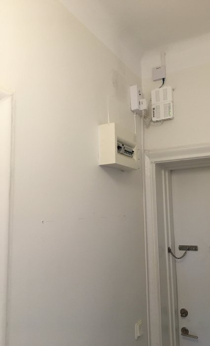 En vit hallvägg med en synlig elcentral och bredbandsutrustning ovanför en dörr.