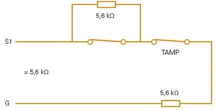 Elektriskt kretsschema som visar anslutningar och resistorer för en dörrsensor med sabotagekontakt.