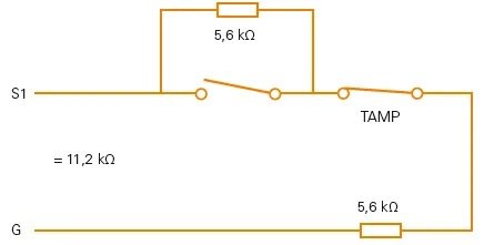 Schema över en larmsensors kretskoppling med indikering av motstånd och tamp-/sabotagebrytare.