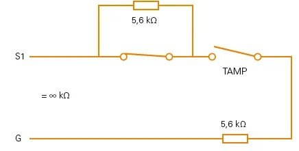 Elkopplingsschema för larm med beteckningarna S1 och TAMP, resistorer och öppen krets.