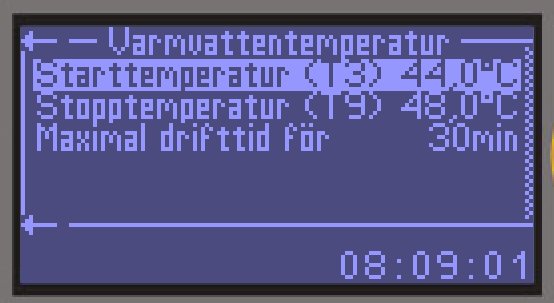 Skärmdump av inställningsmeny för varmvattentemperatur med start- och stopptemperatur.