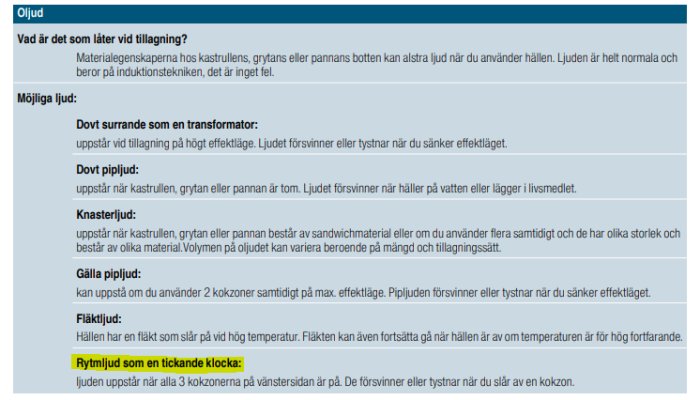 Skärmdump av bruksanvisning om ljud från induktionshäll som beskriver möjliga ljud vid användning.