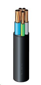 Illustration av en Ericsson N1XV Plus elkabel med flera färgade ledningar inuti ett svart skyddshölje.