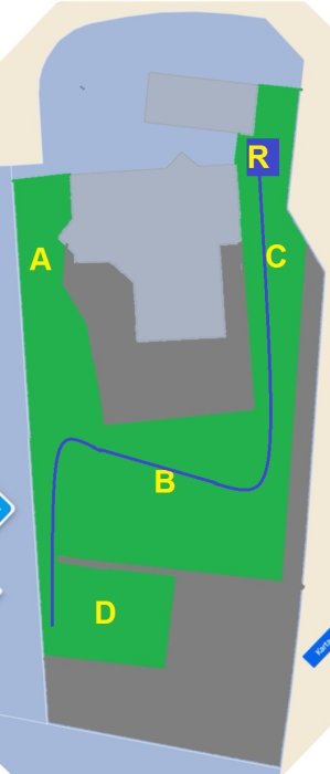 Planritning över en tomt med markerade områden A, B, C, D och en laddstation vid R; blå linje representerar en guidekabel.