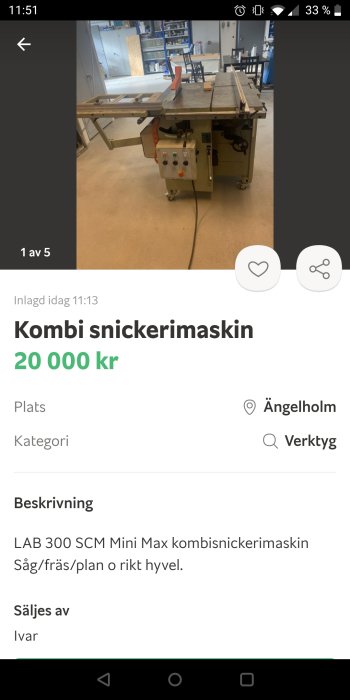 LAB 300 SCM Mini Max kombisnickermaskin med såg, fräs och hyvelfunktioner till salu för 20 000 kr i verkstadslokaler.