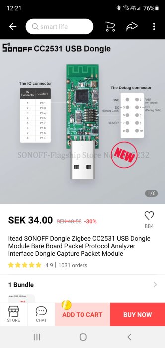 En skärmbild av en e-butik som visar en Sonoff CC2531 USB-dongel med priset 34 SEK och en "Ny" etikett.