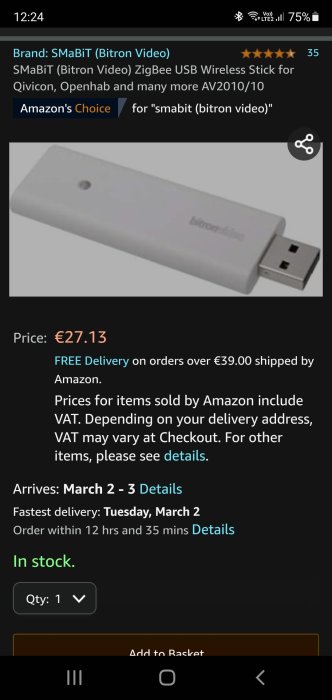 Skärmdump från Amazon.de som visar SMaBiT ZigBee USB Wireless Stick för 27 euro.