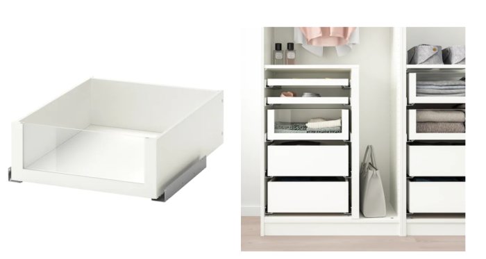 Två bilder på Ikeas utdragbara lådor, en tom och en monterad i en garderob fylld med kläder och tillbehör.