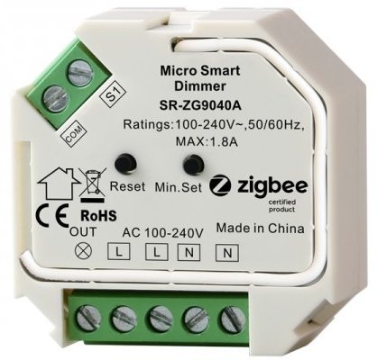 Bild på en Sunricher Zigbee Micro Smart Dimmer SR-ZG9040A med tydliga anslutningar för L, N och jord märkta.