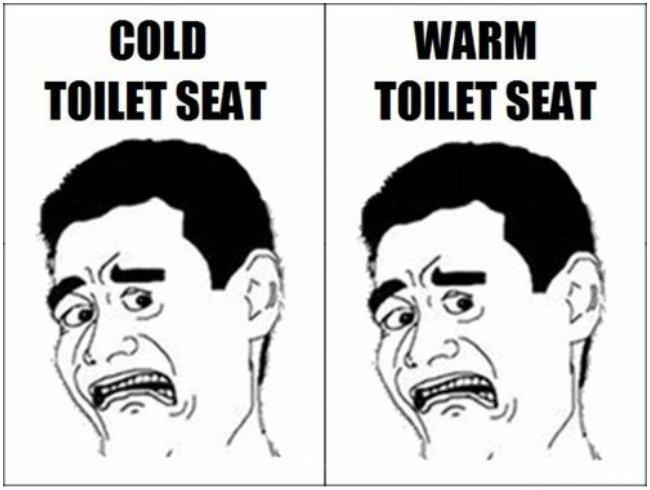 Meme med två rutor som jämför miner vid kall versus varm toalettsits.