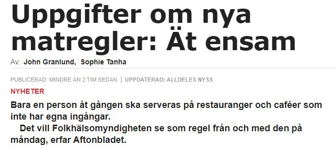 Skärmdump av en nyhetsartikel om att nya matregler kräver att man äter ensam på restauranger.