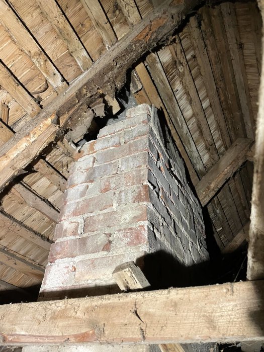 Gammal bakugn av tegel i en timrad byggnad, sedd från sidan underifrån.