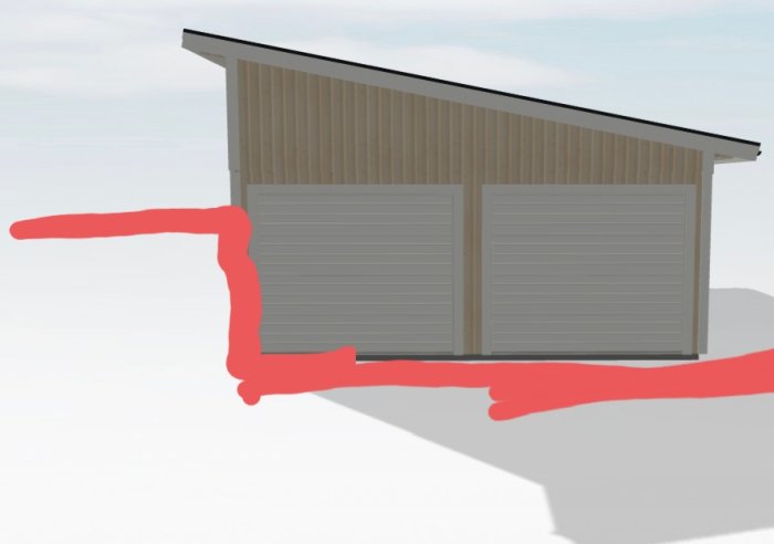 3D-skiss av ett planerat enkelt garage med markerad slänt i rött.