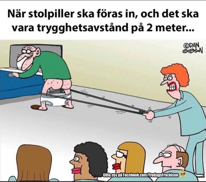 Tecknad bild av två personer som använder en lång stolpe med mätande trygghetsavstånd i en kö.