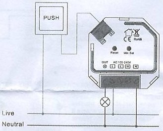 Schematisk illustration av en dimmers kopplingsschema med beteckningar för Live, Neutral och Push-knapp.