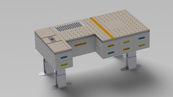 3D-rendering av en arbetsbänk med flera lådor, urfrästa handtag, och dog holes på ena änden.