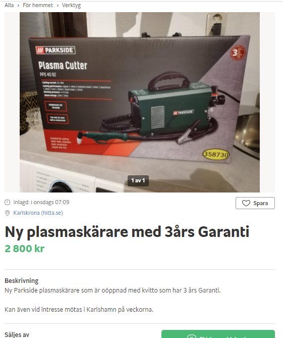 Plasmaskärare från Parkside i förpackning, ny med 3 års garanti, säljes.