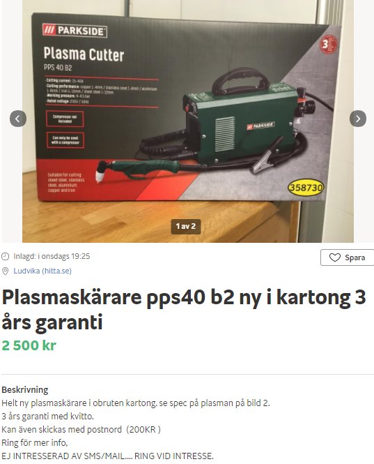 Plasmaskärare PPS40 B2 i kartong med 3 års garanti av märket Parkside, ny och oanvänd.