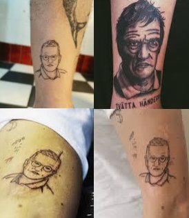 Fyra bilder på olika tatueringar av samma person, med varierande kvalitet och stilar, på någons hud.