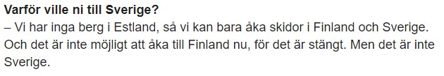 Skärmdump av en text om att välja Sverige för skidåkning eftersom Finland är stängt.