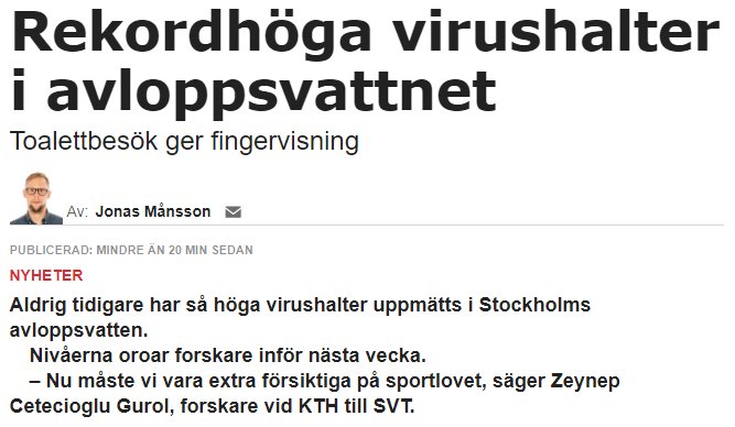 En skärmbild av en nyhetsartikel med rubriken "Rekordhöga virushalter i avloppsvattnet".