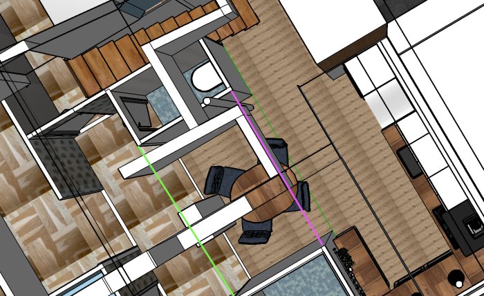 3D-planritning av hus med markerad potentiell balkplacering i grönt och lila.