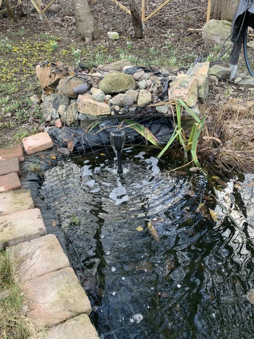 Trädgårdsdam med insatt dammpump och omgivande stenar och vegetation.