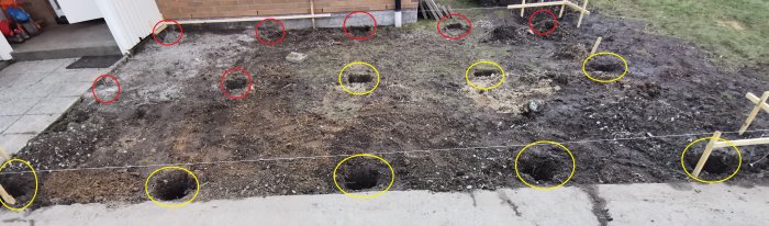 Plats för trädäck med 15 utmarkerade plinthål, 8 med gula och 7 med röda cirklar indikerar problemområden.