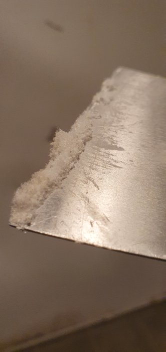 Spatel skrapar av vitt ludd och färg från en källarvägg, tecken på fuktproblem.