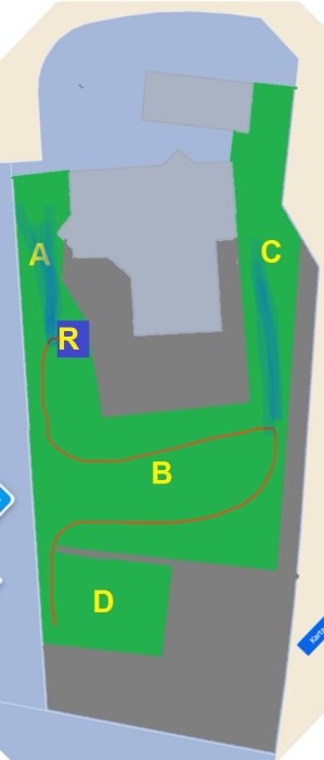 Diagram över en trädgårdsplan där områdena A och C är markerade längs guidelinjen, samt en röd rutt genom B och avlutande i D.