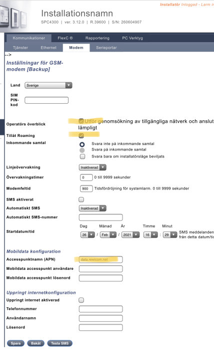 Skärmdump av GSM-modeminställningar för ett säkerhetssystem med fält för APN, roaming och SMS-konfiguration.