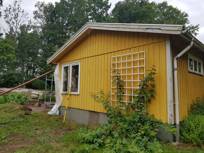 Gult hus under renovering med uppbyggt skyddstält och ställning vid fönsteröppning.